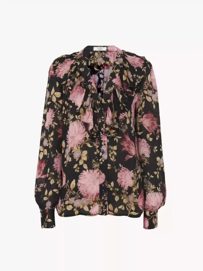 Blusa con volantes y cuello en V en charmeuse de seda Blusa con volantes y cuello en V en charmeuse de seda