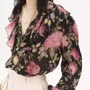 Blusa con volantes y cuello en V en charmeuse de seda Blusa con volantes y cuello en V en charmeuse de seda
