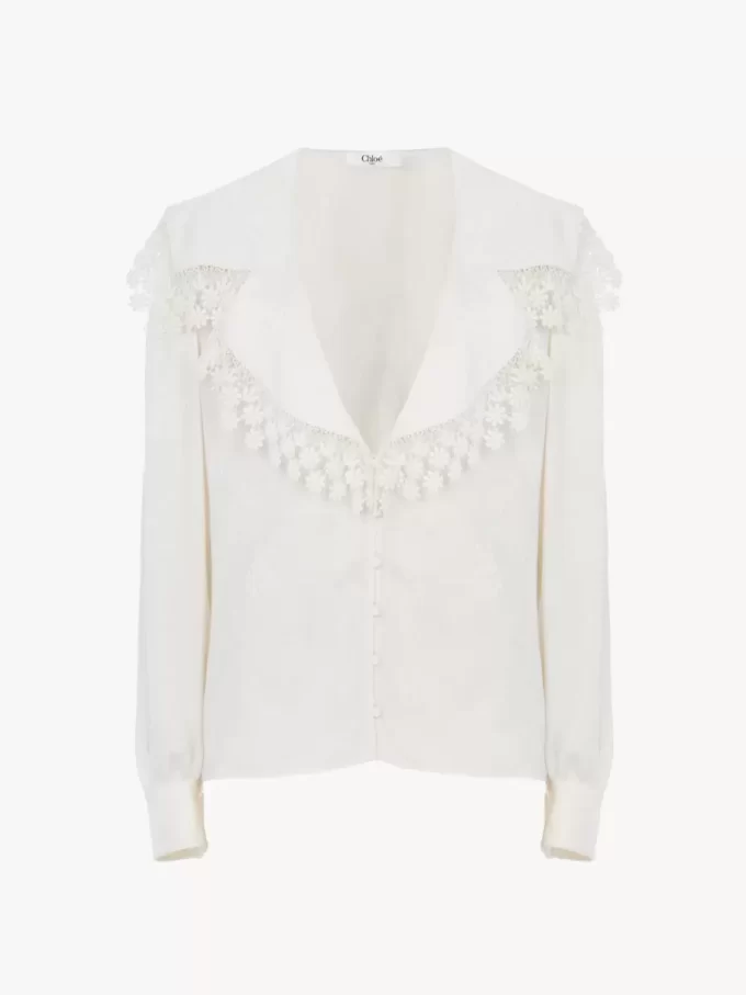 Blusa de cuello largo en jacquard de seda y encaje Blusa de cuello largo en jacquard de seda y encaje