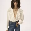 Blusa de cuello largo en jacquard de seda y encaje Blusa de cuello largo en jacquard de seda y encaje