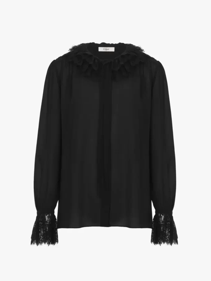 Blusa fluida de georgette de seda y encaje Blusa fluida de georgette de seda y encaje