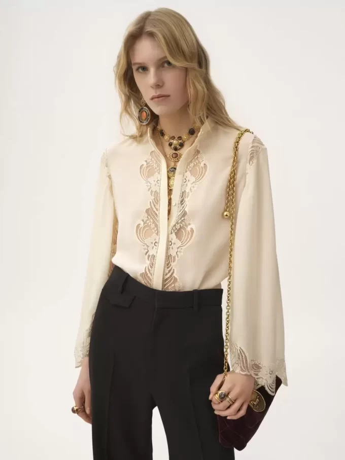Blusa fluida de georgette de seda y encaje Blusa fluida de georgette de seda y encaje