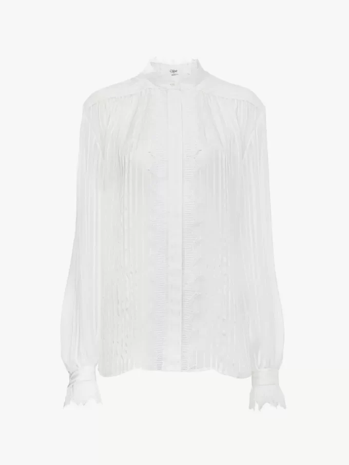 Blusa fruncida en muselina de seda y encaje Blusa fruncida en muselina de seda y encaje