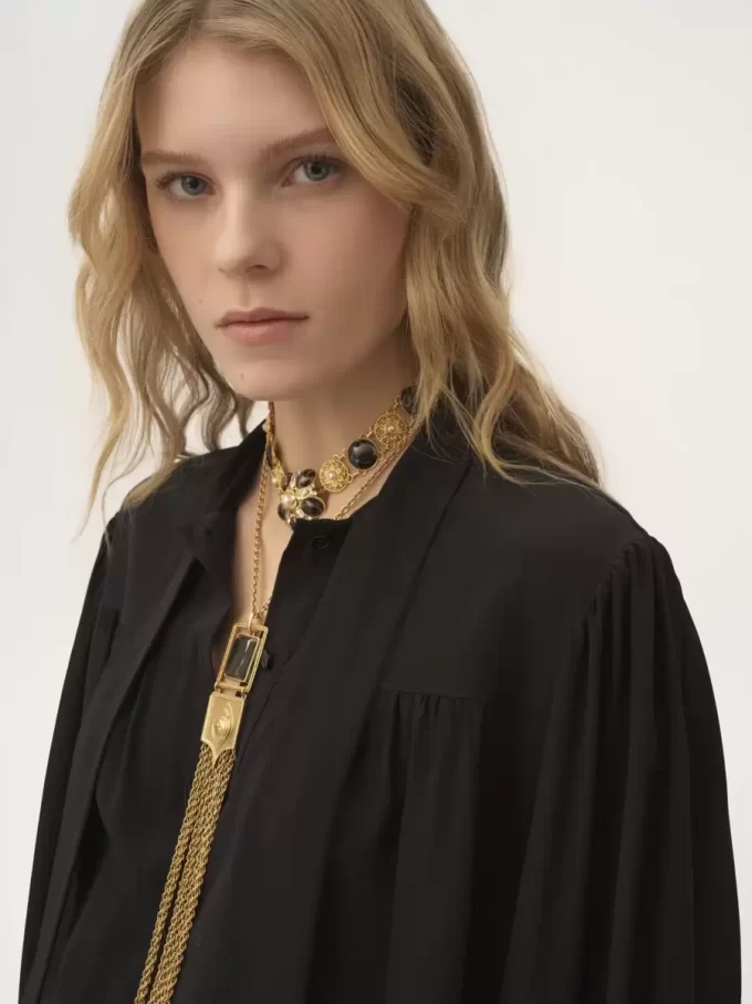 Blusa lavallière maxi fruncida de crepé de China Blusa lavallière maxi fruncida de crepé de China