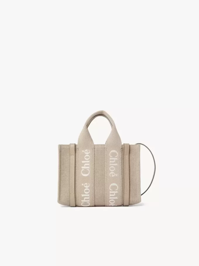 Bolso tote Mini Woody en lino y piel Bolso tote Mini Woody en lino y piel