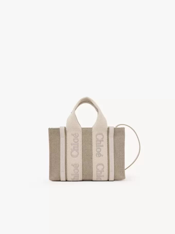 Bolso tote Mini Woody en lino y piel Bolso tote Mini Woody en lino y piel
