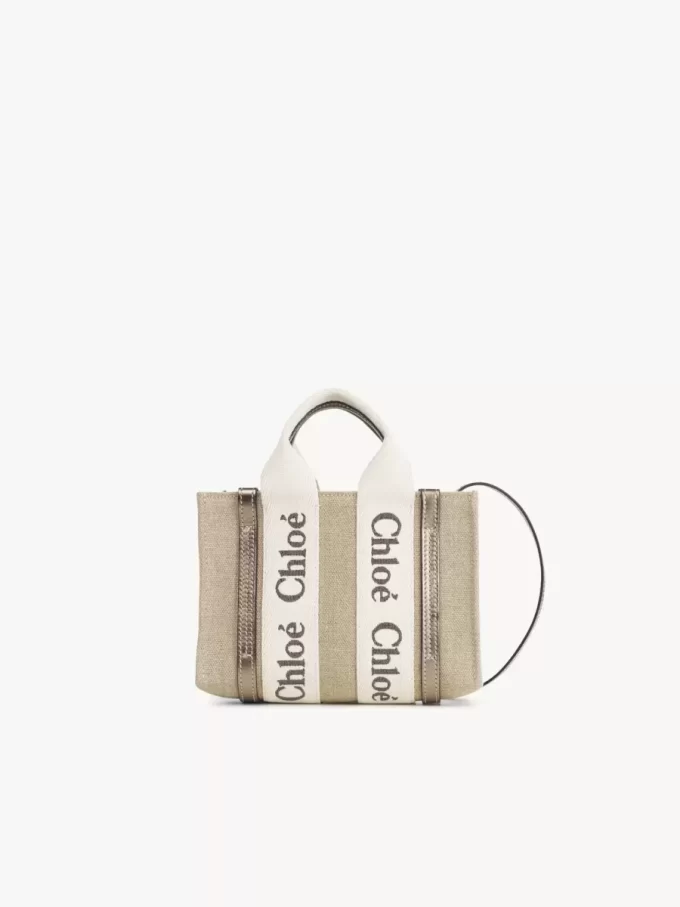 Bolso tote Mini Woody en lino y piel Bolso tote Mini Woody en lino y piel