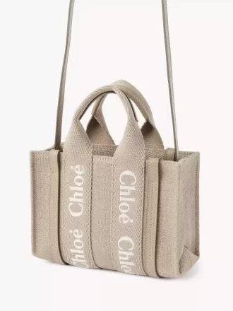Bolso tote Mini Woody en lino y piel Bolso tote Mini Woody en lino y piel