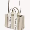 Bolso tote Mini Woody en lino y piel Bolso tote Mini Woody en lino y piel