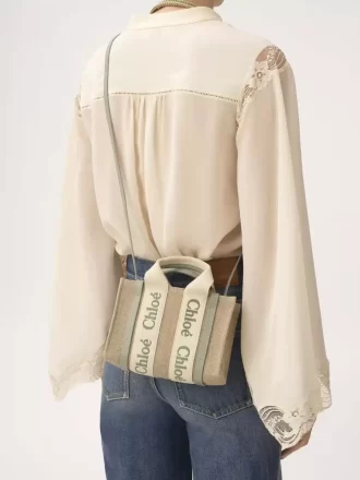 Bolso tote Mini Woody en lino y piel Bolso tote Mini Woody en lino y piel