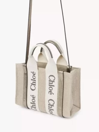 Bolso tote Mini Woody en lino y piel Bolso tote Mini Woody en lino y piel