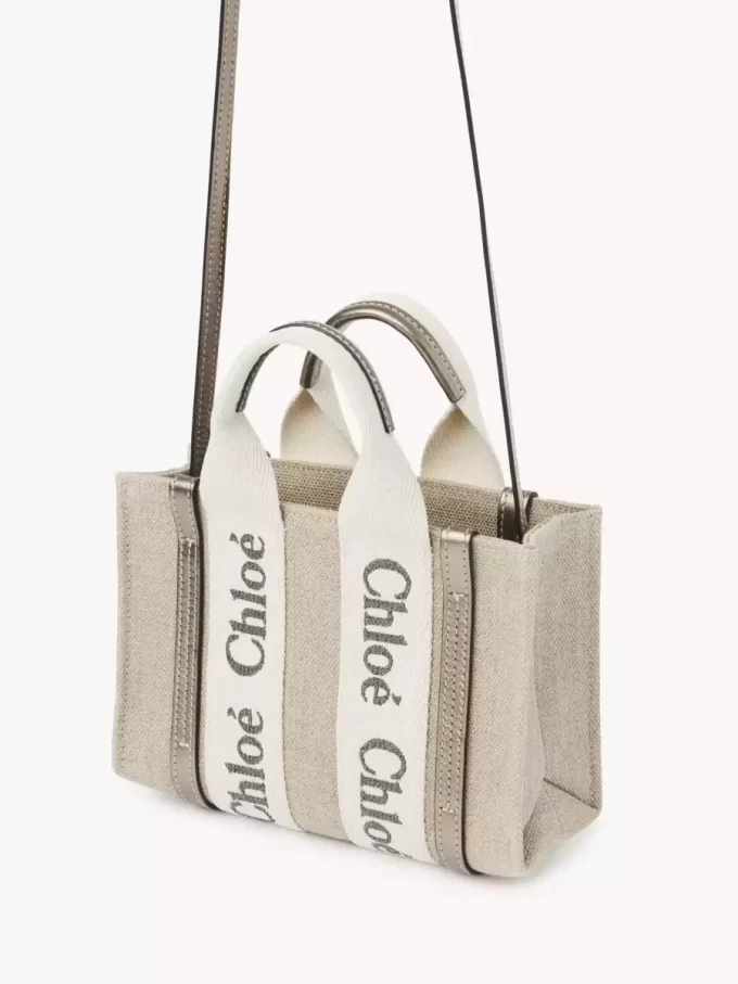 Bolso tote Mini Woody en lino y piel Bolso tote Mini Woody en lino y piel