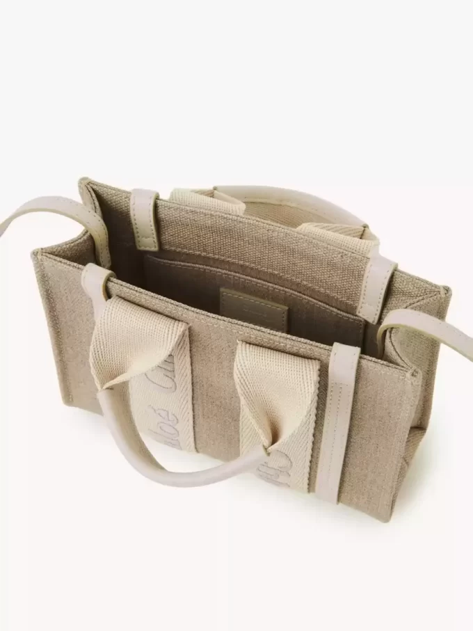 Bolso tote Mini Woody en lino y piel Bolso tote Mini Woody en lino y piel