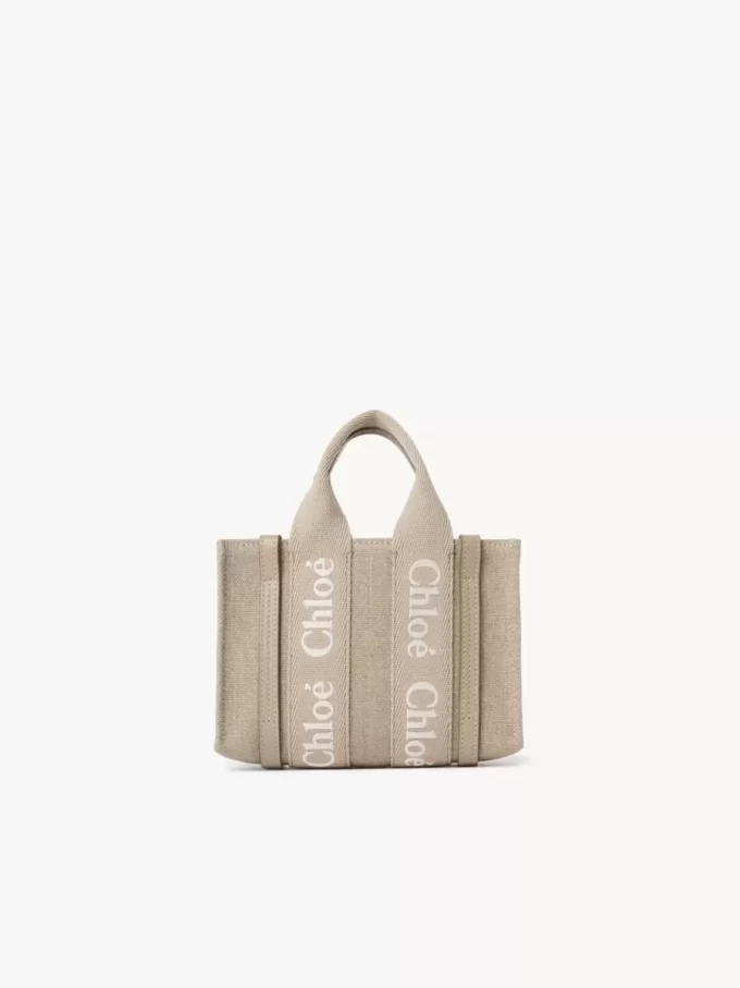 Bolso tote Mini Woody en lino y piel Bolso tote Mini Woody en lino y piel