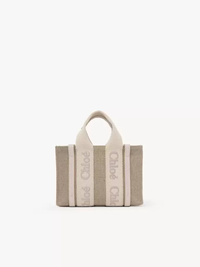 Bolso tote Mini Woody en lino y piel Bolso tote Mini Woody en lino y piel