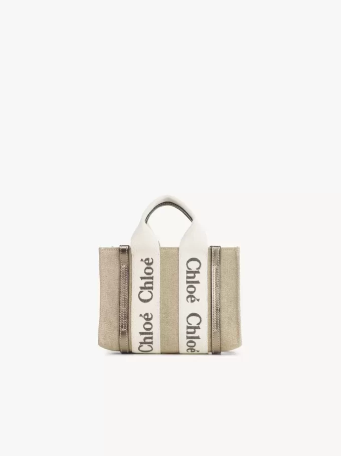 Bolso tote Mini Woody en lino y piel Bolso tote Mini Woody en lino y piel