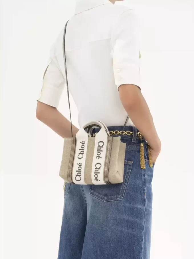 Bolso tote Mini Woody en lino y piel Bolso tote Mini Woody en lino y piel