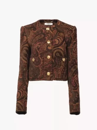 Chaqueta cuadrada sin cuello en jacquard tapiz Chaqueta cuadrada sin cuello en jacquard tapiz