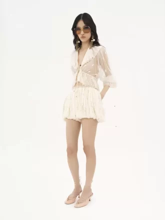 Mini shorts bombachos de muselina de seda con encaje floral Mini shorts bombachos de muselina de seda con encaje floral